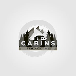 Cabin logo vintage vector illustration design with mountain landscape illustration