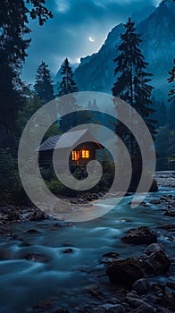 A cabin in the middle of a forest next to a river