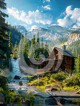 A cabin in the middle of a forest next to a waterfall