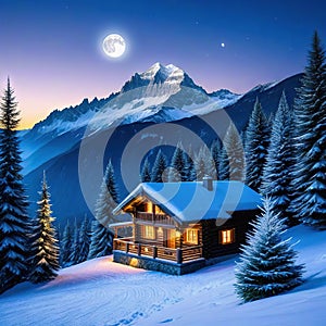 a cabin in the mountains with a snow covered mountain in the background and a full moon in the