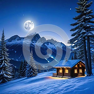 a cabin in the mountains with a snow covered mountain in the background and a full moon in the