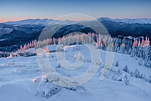 Cabin in the mountains in winter. Mysterious fog. In anticipation of holidays. Happy New Year. Carpathians. Ukraine