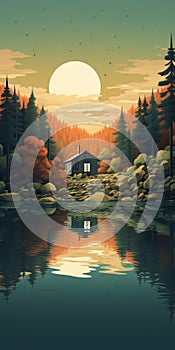 Autumn Cabin By The Lake: Hyper-detailed Illustration With Tonalist Color Scheme