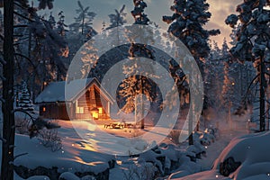 A cabin nestled in a snowy forest glows warmly on a winter night, A cozy cabin nestled in a snowy forest with a warm fire glowing