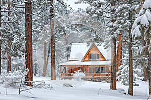A cabin nestled in the snowy woods surrounded by tall pine trees, A cozy cabin in the woods, nestled among tall pine trees and