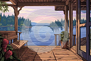 cabin porch view showcasing dock reaching into the lake, magazine style illustration