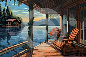 cabin porch view showcasing dock reaching into the lake, magazine style illustration