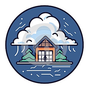 Cabin in rainstorm with trees and clouds. Weather disaster and secure home concept. Emergency preparedness vector