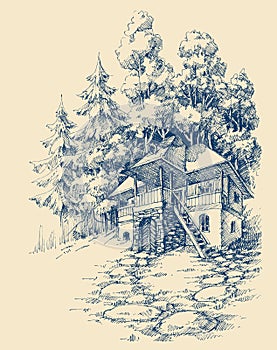 Cabin retreat in the forest drawing