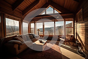 cabin retreat with open windows, warm breeze, and view of the mountains