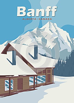 cabin ski resort vintage poster in banff national park illustration design