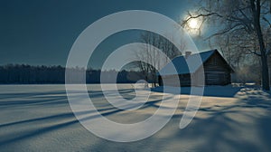 A Cabin in the Snow With Long Shadows Cast by the Winter Sun