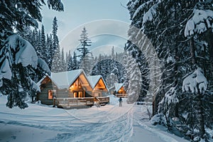 A cabin surrounded by snow-covered trees in the middle of a winter forest, Cozy cabins nestled in the snowy wilderness, with