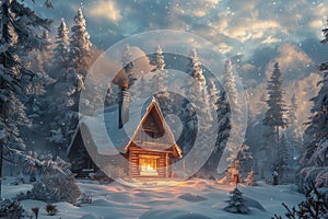 A cabin surrounded by snow-covered trees in a winter forest, A cozy winter cabin nestled in a snowy forest with a warm fire