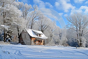 A cabin surrounded by untouched snow in the middle of a vast field, Log cabin in a snowy winter landscape, AI Generated