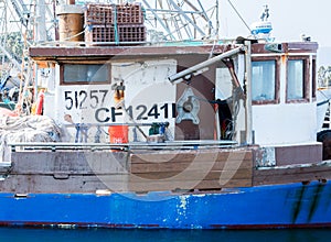 Cabin of a vintage fishing boat in a California harbor