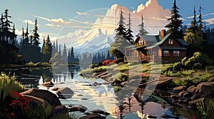 Cabin In A Western Natural Setting: Vector-style Graphics