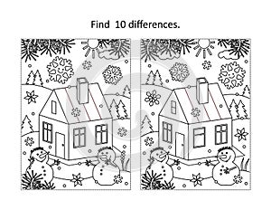 Cabin in winter find the differences picture puzzle and coloring page