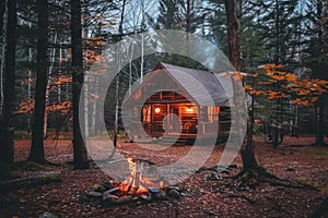 A cabin in the woods with a crackling fire pit, A cozy cabin nestled in the woods with a warm fire burning inside