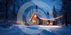 A cabin in the woods decorated with lights in the winter night