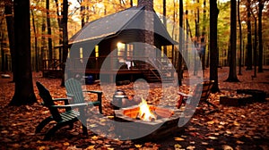 A cabin in the woods with a fire pit, AI