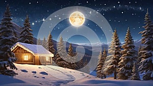 A cabin in the woods with full moon in the sky