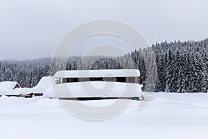 Cabin in the woods, a house covered in snow