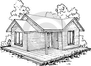 cabin in the woods monochromatic sketchy image on white background