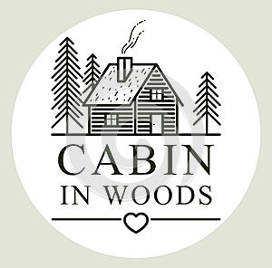 Cabin in woods pine forest linear vector nature emblem isolated on white, log cabin cottage for rest, holidays and vacations theme