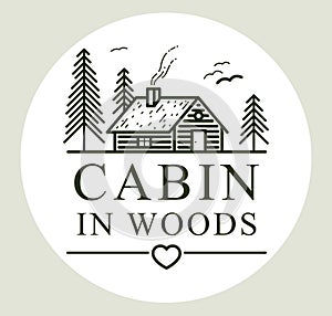 Cabin in woods pine forest linear vector nature emblem isolated on white, log cabin cottage for rest, holidays and vacations theme