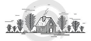 Cabin in woods pine forest linear vector nature illustration isolated on white, log cabin cottage for rest, holidays and vacations