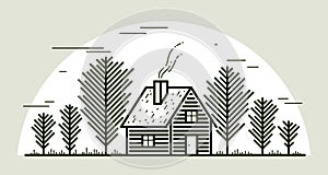 Cabin in woods pine forest linear vector nature illustration isolated on white, log cabin cottage for rest, holidays and vacations