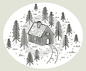 Cabin in woods pine forest linear vector nature illustration isolated on white, log cabin cottage for rest, holidays and vacations