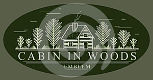 Cabin in woods with pine trees linear vector nature emblem on dark, log cabin cottage for rest, holidays and vacations theme line