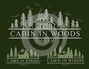 Cabin in woods with pine trees linear vector nature emblem on dark, log cabin cottage for rest, holidays and vacations theme line