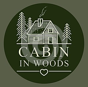 Cabin in woods with pine trees linear vector nature emblem on dark, log cabin cottage for rest, holidays and vacations theme line