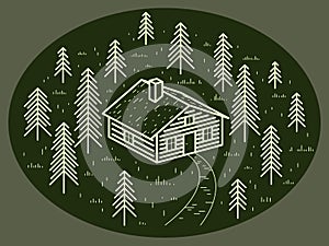 Cabin in woods with pine trees linear vector nature illustration on dark, log cabin cottage for rest, holidays and vacations theme