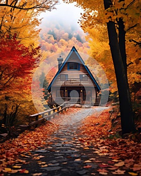 a cabin in the woods surrounded by autumn leaves