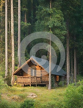 a cabin in the woods surrounded by pine trees illustration