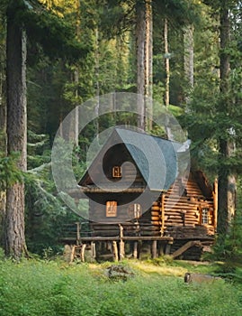a cabin in the woods surrounded by pine trees illustration