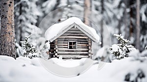 Cabincore, a small log cabin is covered in snow, AI