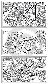 Cabinda, Lubango and Huambo Angola City Map Set in Black and White Color in Retro Style Isolated on White photo