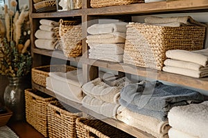 Cabinet in bathroom with shelves, wicker baskets holding clean towels and assorted toiletries in scandinavian style