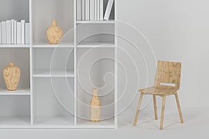 Cabinet with books and vases inside in the empty new house, 3d rendering