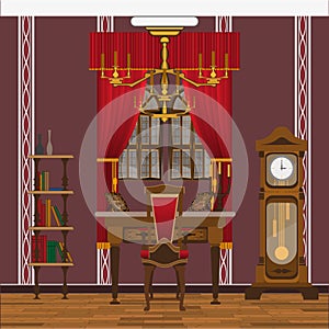 Cabinet or living room interior with large window and large clock