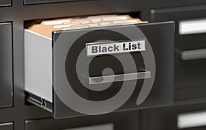 Cabinet in office with Black List folders. 3D rendered illustration