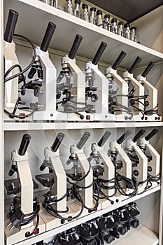 Cabinet with rows of microscopes on high school