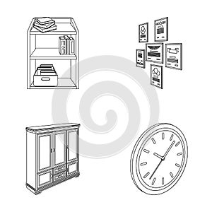 Cabinet, shelving with books and documents, frames on the wall, round clocks. Office interior set collection icons in