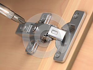 Cabinet swing door hinge furniture with screwdriver.  Repair of fittings hardware for wardrobe and cupboard