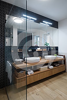 Cabinet with two wash basins in bathroom